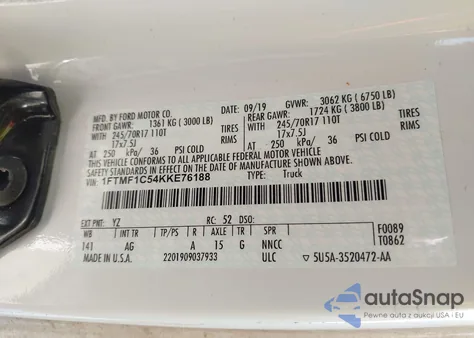 2019 Ford F-150 Xl z USA, uszkodzony, nr VIN 1FTMF1C54KKE76188